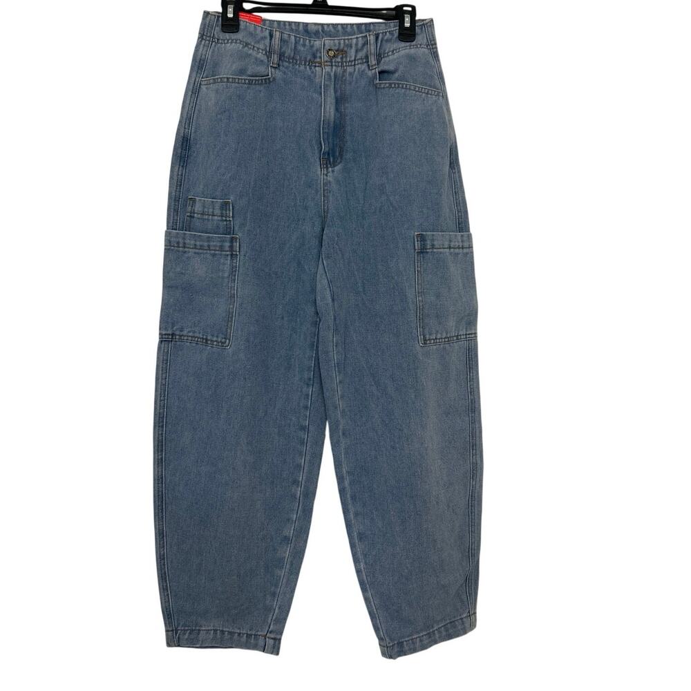 NWT Boutique Barrel Bowed Jeans High Rise Utility Patch Pockets Light Wash 10